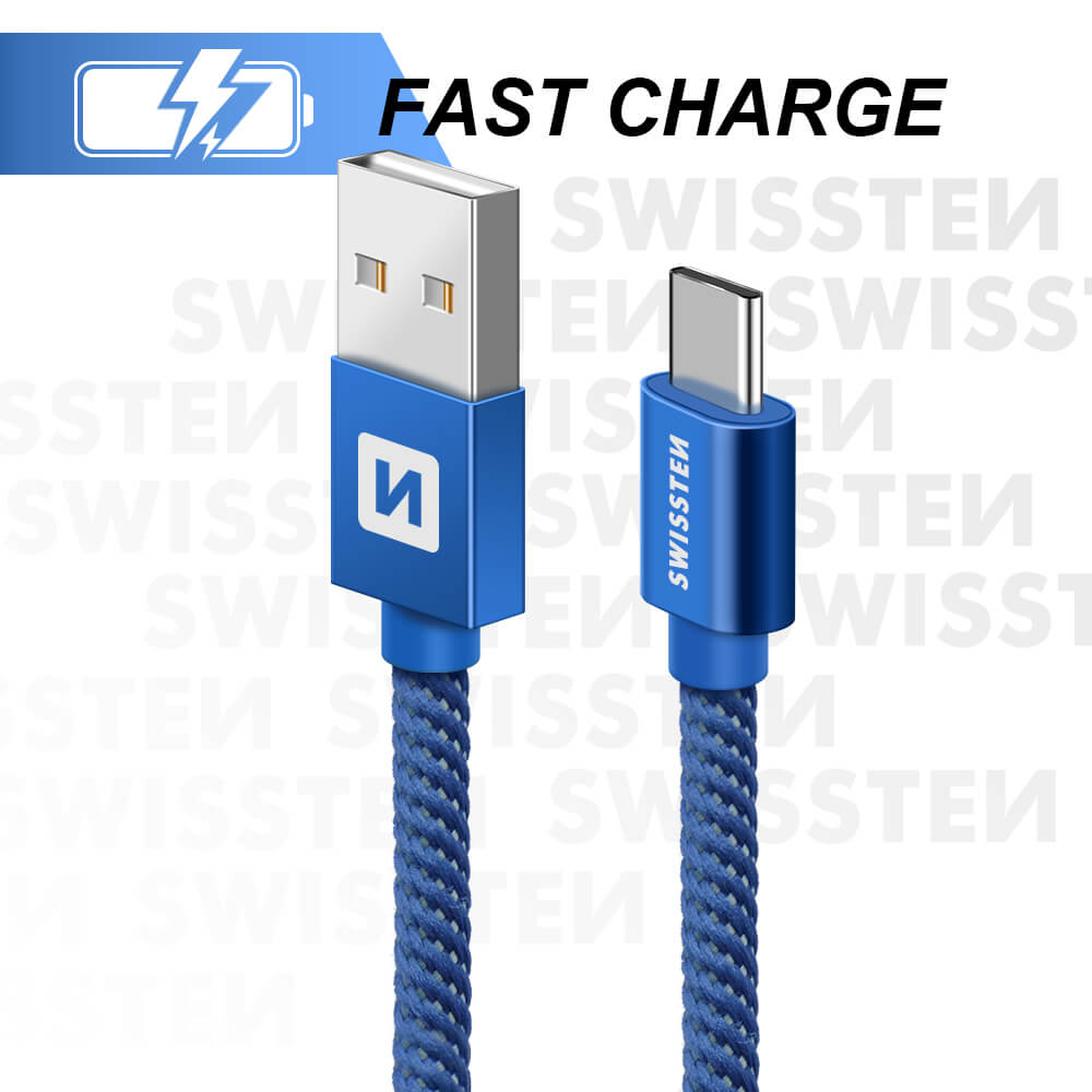 Textilný dátový kábel Swissten USB / USB-C 0,2 M - modrý